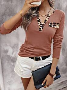 EMERY ROSE Women's Leopard Patchwork Simple Daily Notch Neck Long Sleeve T-Shirt Graphic Cheetah Print Tees Women Tops For Spring - Burnt Orange - View 3