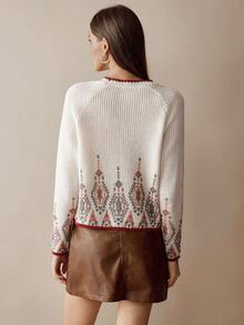 Florisole Áo len dệt kim cổ tròn tay raglan phối màu cổ điển - trắng - Xem 2