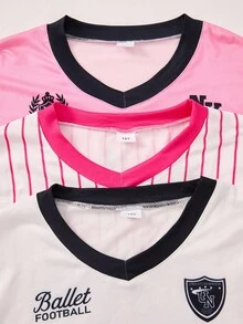 SHEIN 3 件青少年女孩时尚运动字母和数字印花长袖 T 恤（粉色白色条纹、白色、粉色），常规厚度，休闲，秋季