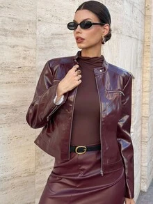 SHEIN Clasi 大码休闲保暖连帽拉链外套，秋冬季，带口袋，舒适保暖，2025新款，大码女式长袖口袋休闲外套，冬季，复古，外出，办公室，秋季，优雅，办公室，新年圣诞节 - 酒紅色 - 查看 10