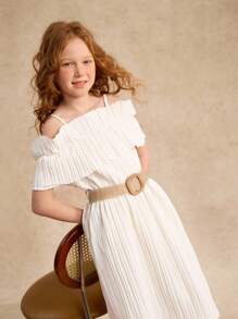 Tween Girl Cold Shoulder Ruffle Trim Belted Dress Summer Holiday