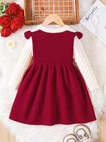 Elladie kids 1 件女童毛衣裙，甜美公主风格，红白色块罗纹纹理，蝴蝶结装饰，荷叶边下摆，罗纹针织，圆领长袖，欧式设计连衣裙，常规厚度，适合生日派对，秋冬