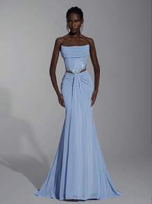 Elitara 优雅浅蓝色露肩低胸腰部镂空奢华手工水钻弹力褶饰美人鱼裙，适合婚礼、单身派对、度假、舞会、正式场合（重型） - 藍色 - 查看 3