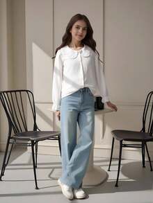 SHEIN Tween Girl Ruffle Collar Petal Trim White Blouse Suitable For Back To School - White - View 8