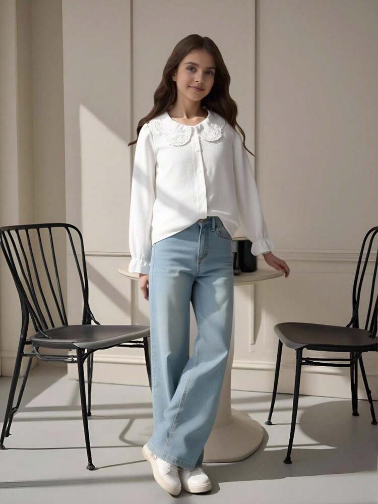 SHEIN 青少年女孩荷叶边领花瓣边白色衬衫适合返校 - 白色 - 查看 8