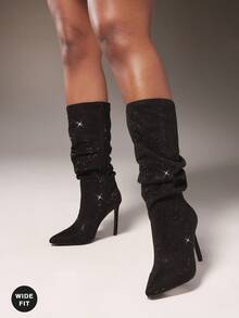 SHUZIA 女式宽筒及宽版水钻尖头及膝细高跟休闲中筒靴 - 黑色 - 查看 4