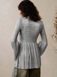 Arave Women's Water-Shiny Fabric Straight Shoulder Trumpet Sleeves Pleated Patchwork Hem Design Elegant Daily Commuting Leisure Gray Long-Sleeved Top Fall Clothes For Women Fall Clothes