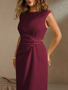 Roveilla 大码女式优雅休闲无袖长裙，带金属装饰，腰部收紧，侧开衩，适合通勤、度假、下午茶、派对婚礼宾客礼服 女式酒红色中长裙 栗色连衣裙 女士连衣裙 女士优雅连衣裙 勃艮第酒红色中长裙 女士连衣裙 优雅中长裙 - 中紫紅色 - 查看 6