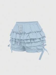 ROMWE Goth Dark Academia Style Women Pumpkin Shorts With Cute 3-Layer Ruffle Hem And Bow Decor - Blue - View 1