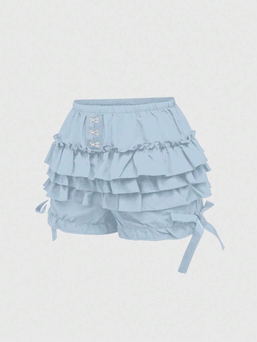 ROMWE Goth Dark Academia Style Women Pumpkin Shorts With Cute 3-Layer Ruffle Hem And Bow Decor - Blue - View 1