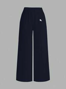 SHEIN EZwear 女士休闲海军蓝马匹图案阔腿裤，适合夏季，适合度假 - 藏蓝色 - 查看 2