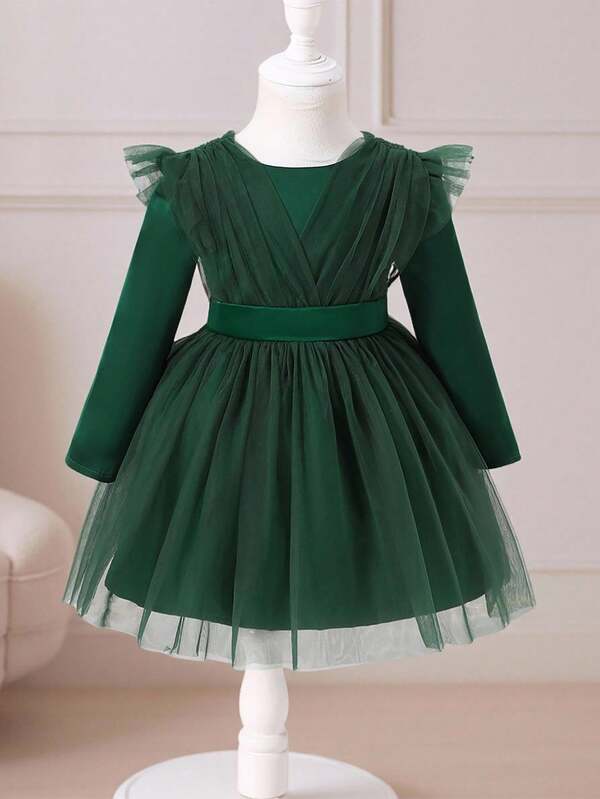 Glamorique Kids Baby Mädchen Herbst/Winter Neue Satin & Mesh Patchwork Elegantes Partykleid mit 3D Schleife, Langarm