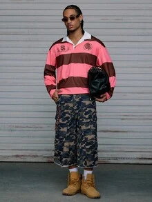 AXEPEAK 男士休闲时尚街头风格撞色条纹印花长袖 Polo 衫，适合秋季 - 粉色 - 查看 4
