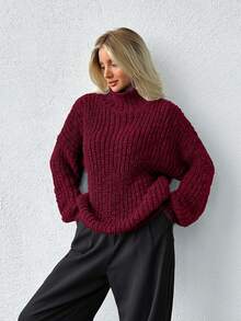 EURMUSE 女士厚纱高领休闲风格常规版型冬季保暖毛衣 - 酒紅色 - 查看 6