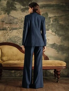 Anewsta Women's Elegant Navy Blue Floral Summer Dining Suit,Modern Beaded Embroidery Waist Cinched Blazer Jacket And Flared Pants,High-End Commuting Set - Navy Blue - View 2