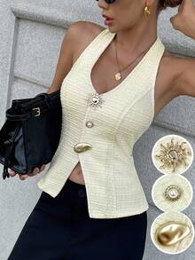 Chiquease Parte superior elegante y sexy de tweed color albaricoque con cuello halter y espalda descubierta, para usar de vacaciones, estilosa y elegante, para salir, usar en Ibiza, conciertos, estilo bohemio, oficinas, con botones metálicos asimétricos y aberturas delgadas, estilo de dinero viejo, para otoño - Albaricoque - Ver 8