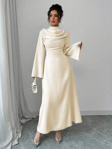 Selianne 女式立领褶皱长袖纯色中长连衣裙女装 - 杏色 - 查看 6