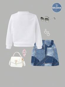 SHEIN ChillGRL 2 件套年轻女孩休闲时尚心形图案圆领运动衫和工装裙套装，适合秋冬春季 - 彩色 - 查看 2