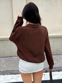 INAWLY Moletom Feminino de Cor Sólida, Estilo Minimalista, Casual, Gola Virada, Manga Longa - Castanho - Visão 2