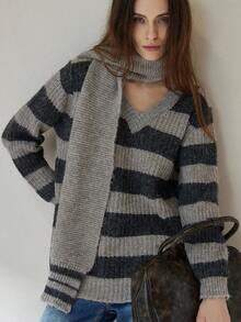 Aveloria Modichic Contrast Stripe V-Neck Pullover Sweater + Soft Loose Scarf, Slimming Casual Sweater Set - Multicolor - View 1