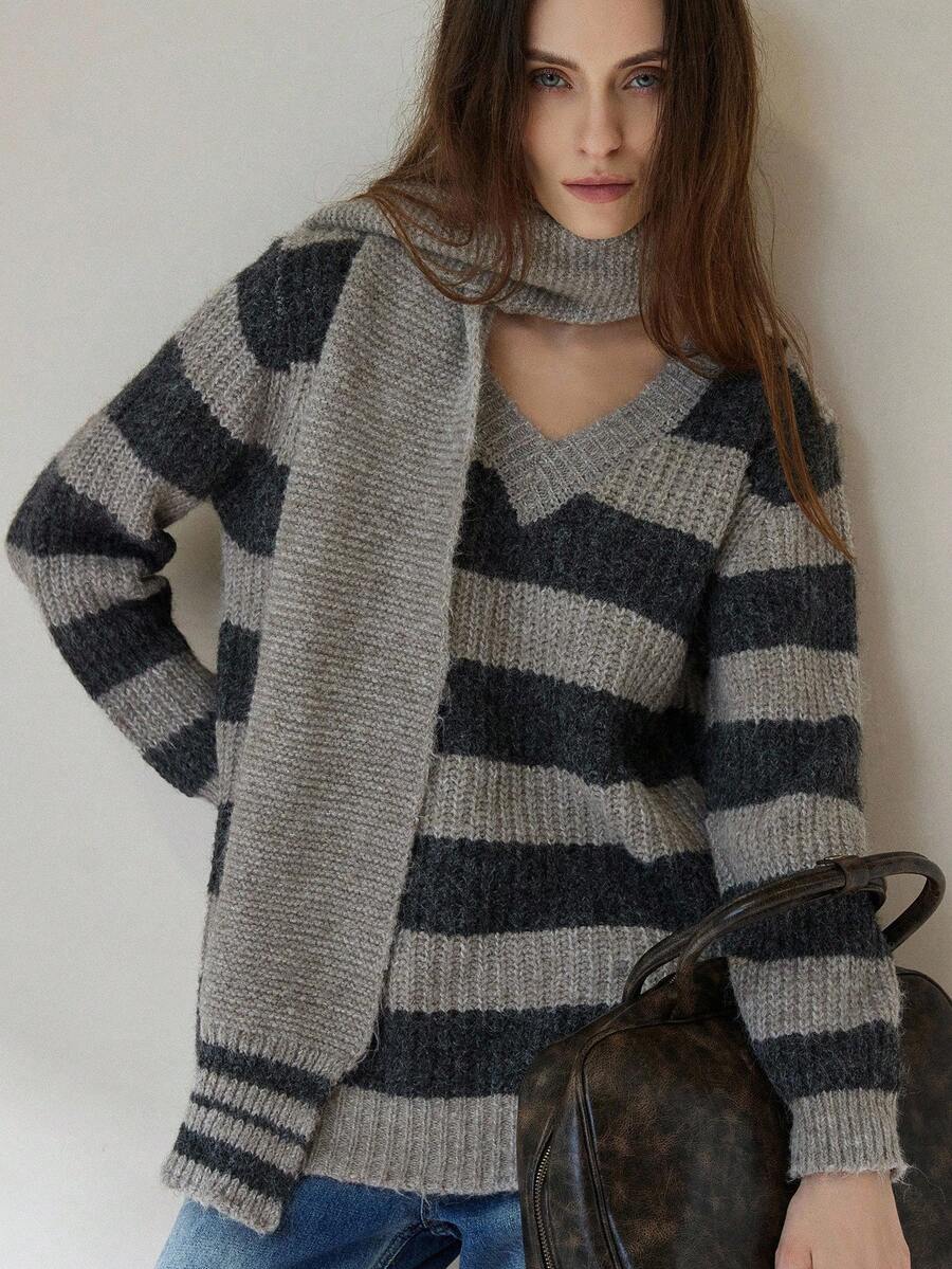 Aveloria Modichic Contrast Stripe V-Neck Pullover Sweater + Soft Loose Scarf, Slimming Casual Sweater Set - Multicolor - View 1