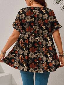 EMERY ROSE Estilo de vacaciones campestres, blusa de manga corta con cuello redondo y volantes en el bajo, talla grande, con estampado de hojas de arce, otoño - Blanco - Ver 2