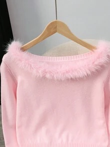 Franclia Women's Elegant Patchwork Fur Collar Sweater Fall Winter Cloth For Women - Pink - View 4
