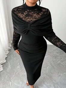 SHEIN Elenzya Plus Size Women's Stand Collar Long Sleeve Fitted Sexy Lace Patchwork Elegant Dress Fall Cloth For Women