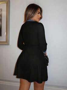 Xyvia 女士休闲通勤撞色缎带短款连衣裙 - 黑色 - 查看 2