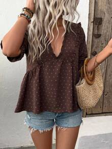 LanaWest Women Cutout V-Neck Puff Sleeve Blouse - Coffee Brown - View 5