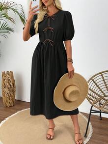 SHEIN LUNE 夏季优雅正式修身收腰中长连衣裙，饰有蝴蝶结，休闲风格 - 黑色 - 查看 4