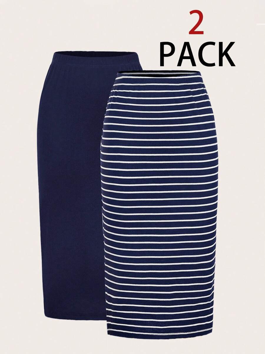 SHEIN LUNE Bộ 2 chân váy nữ kiểu dáng thường ngày, kẻ sọc và màu trơn, váy phối hợp cho nữ, váy kẻ sọc, kiểu dáng thường ngày. - Màu xanh lam - Xem 1
