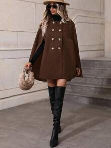 EMERY ROSE 女士纯色简约日常斗篷大衣 - 咖啡棕 - 查看 4