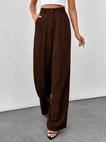EURMUSE Women's Solid Color High Waisted Wide Leg Pants - Brown - View 3
