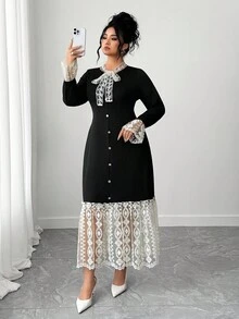 Elenzga Plus Size Women Elegant Lace Patchwork Round Neck Lace Tie Neck Fitted Dress, Autumn/Winter Fall Cloth For Women