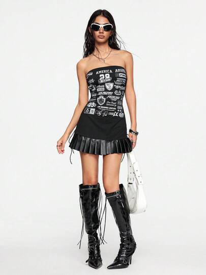 Street Life Sexy Babe Badge Print Low Waist PU Patchwork Cropped Camisole Mini Dress For Women