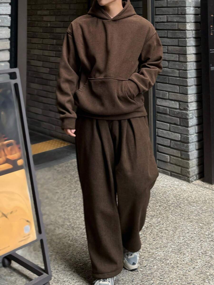 DAZY Men's Solid Brown Loose Fit Corduroy Fabric Hoodie & Pants Set, Autumn, Cozy Outfits - Brown - View 1