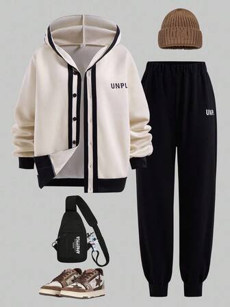 SHEIN Casuvi Kids 1 Set de Sudadera con capucha y pantalones estilo minimalista casual para adolescentes varones, en beige y negro, de grosor regular, para uso diario en otoño