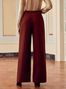 ZEYLAH Women's Casual Pleated Straight Leg Pants, Solid Color, For Daily Wear & Work Fall Cloth For Women - Brown - View 4