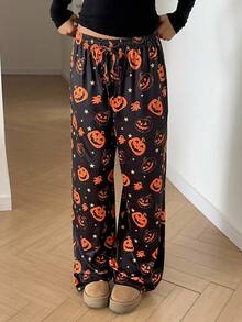 Aloruh 女式复古节日派对万圣节幽灵与蝙蝠印花阔腿裤 - 黑色 - 查看 1