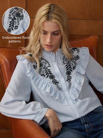 Écloséra 优雅复古宽松荷叶边领条纹刺绣蓝色长袖女衬衫，春夏