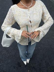 Siren Gaze 新款女式刺绣长袖衬衫，四季皆宜 - 杏色 - 查看 4