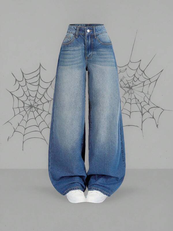 SHEIN MOD Women's Front Button Pocket Casual Loose Blue Denim Trousers