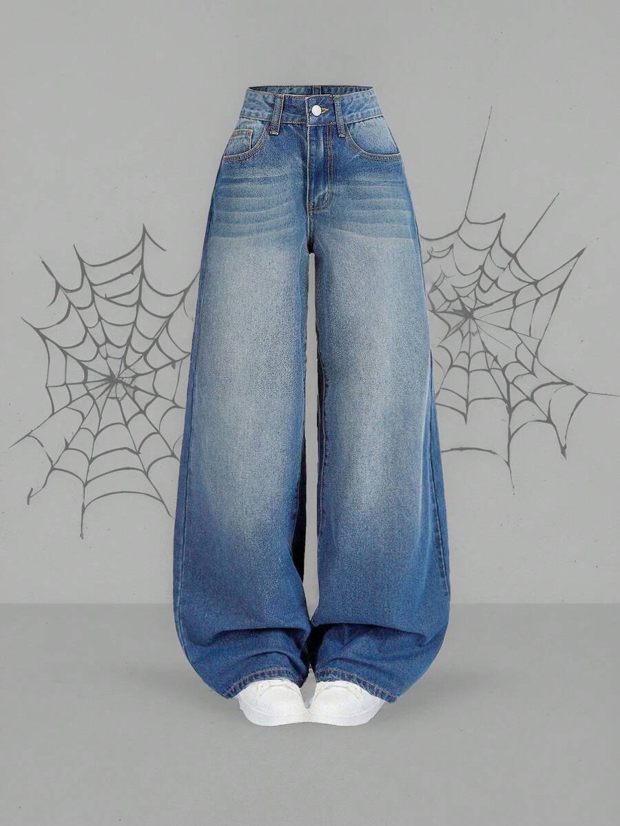 SHEIN MOD 女式前扣口袋休闲宽松蓝色牛仔裤