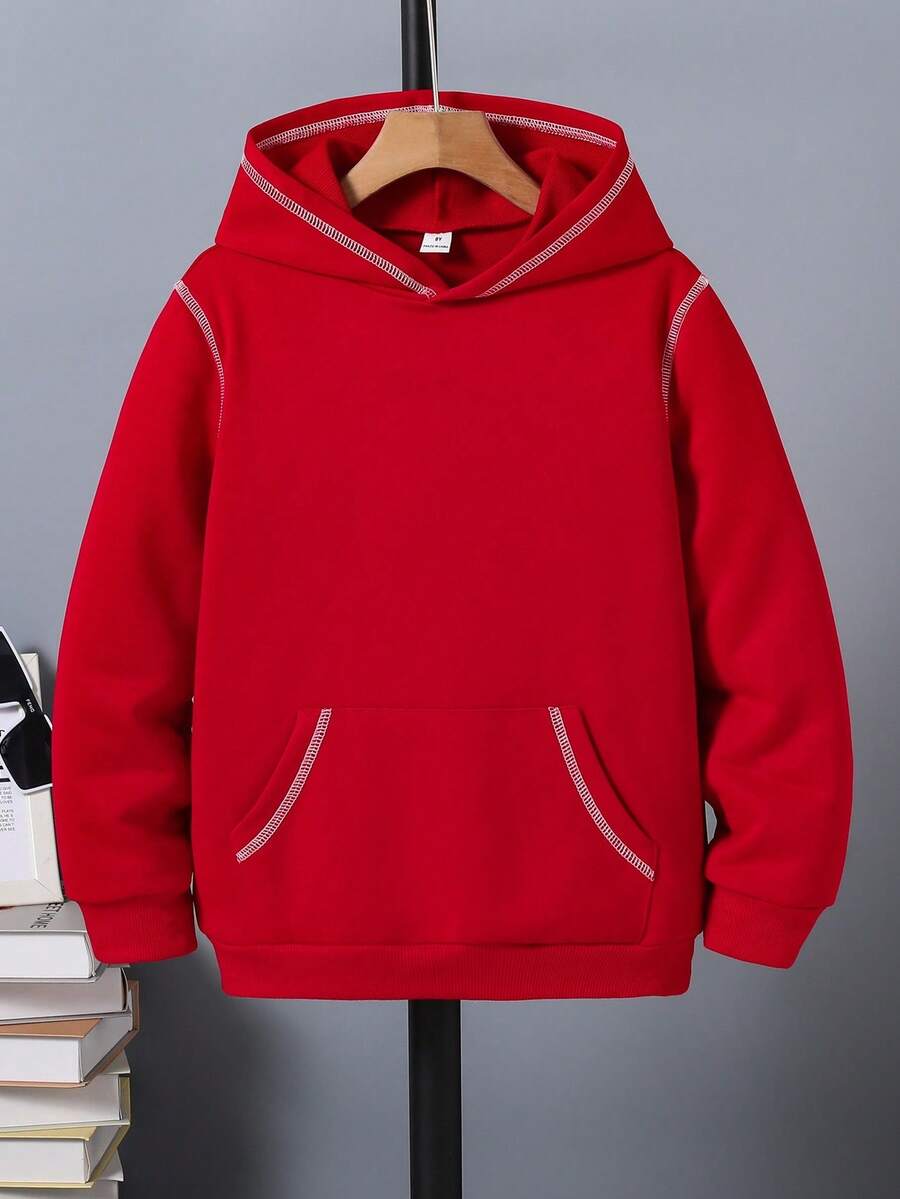 SHEIN 男童撞色条纹大口袋休闲卫衣，秋冬季款 - 紅色 - 查看 1