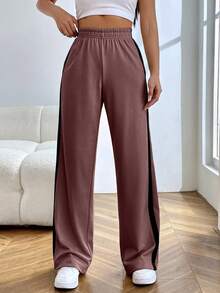 EURMUSE Women's Casual Basic Contrast Trim Loose Sweatpants - Brown - View 3