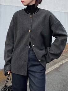 FRIFUL 女士圆领金属纽扣装饰宽松羊毛质感休闲通勤常规夹克女式外套 - 灰色 - 查看 6