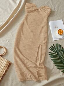 SHEIN VCAY Gaun Bodycon Rajut Polos Kasual dengan Belahan di Bagian Bawah untuk Wanita - Khaki - View 4