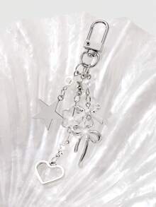 ROMWE Kawaii 1 件 Y2K 极简主义高端银蝴蝶仿珍珠镂空心形星形编织蝴蝶结 DIY 钥匙扣包饰，适合女士/女孩日常佩戴，节日礼物 - 銀白色 - 查看 6