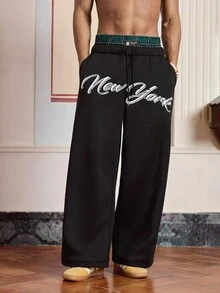 SWAVVY Pantalones de chándal largos de punto impresos casuales negros para hombres - Negro - Ver 4